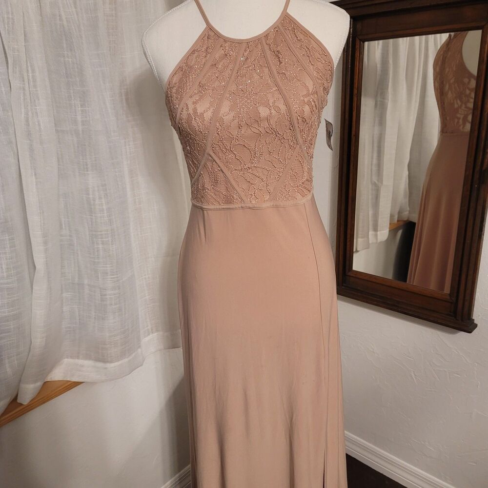 Lace Halter Formal Blush Gown Art Deco Bodice Side Slit Formal Cruise Night Sz 4